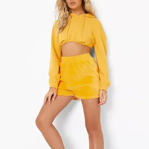 Yellow color women casual fashion crop top hoodies Custom Embroidery Logo Casual Women's Pullover Long Sleeve Cropped Hoodie