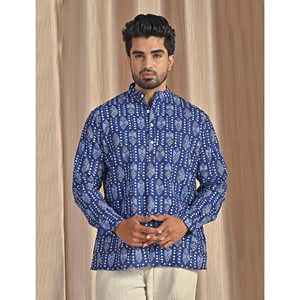 Kurta court en coton popeline bleu imprimé pour homme, chemise décontractée à manches longues, respirante et confortable - Product Image 1