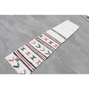 Vintage 1.9x8.5 ft <b>Rug</b>, <b>Runner</b> Turkish <b>Rug</b>, White Abstract Wool <b>Rug</b> - Product Image 3