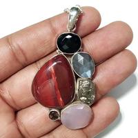 Collier pendentif en chaîne de pierres précieuses multicolores en jaspe rouge naturel, fait à la main, en argent sterling massif 925, pendentif charme, cadeau pour elle