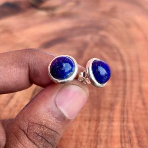 Handmade <b>Sterling</b> <b>Silver</b> <b>Stud</b> <b>Earrings</b> with Natural Lapis Lazuli Gemstones Round Cabochon Design - Product Image 2