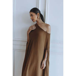 Robe Kaftan de Soirée/Formelle Marron en Organza de Haute Qualité pour Femme, Col Bateau Droit, Respirante et Infroissable - Product Image 2