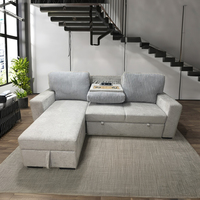Canapé convertible moderne en tissu en forme de L avec rangement dissimulé, accoudoir rabattable et porte-gobelet, idéal pour appartement, villa ou centre commercial