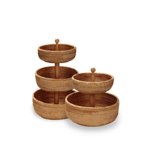 Plateau à fruits en rotin à deux niveaux avec poignée Plateau de service de haute qualité de taille personnalisée pour les fêtes à la maison et au buffet - Product Image 1