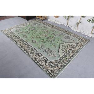 Tapis turc vintage 5.9x9.1ft vert beige tissage plat en laine avec motif patchwork pour décorations de salon ou couloirs - Product Image 2