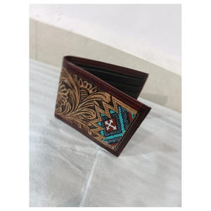 Cartera Unisex de Cuero Suave con Diseño Floral Tallado a Mano, Logotipo Personalizado, Múltiples Bolsillos, Color Azul Marrón, Gran Venta - Product Image 2