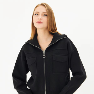 Manteau court décontracté pour femmes tricot à glissière en acier tricot manteau quotidien confortable avec col à capuche haut élégant confort assaisonné - Product Image 1