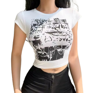 Precio barato Crop Top camisa de mujer Sexy estampado verano Crop Top, mujeres de manga corta gráfico recortado camisetas para mujeres - Product Image 2