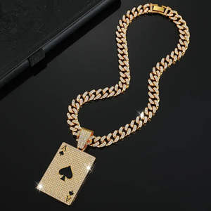 Collar de Lujo con Colgante de As de Espadas con Incrustaciones de Circonitas y Baño de Rodio, Cadena Cubana Dorada, Collar Hip Hop de Moissanita - Joyería para Regalo y Fiesta - Product Image 1