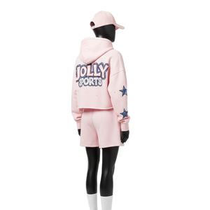 Ensemble court à capuche pour femme en coton et polyester molletonné, rose doux, avec impression sérigraphiée et logo personnalisé, 100 % coton - Product Image 5