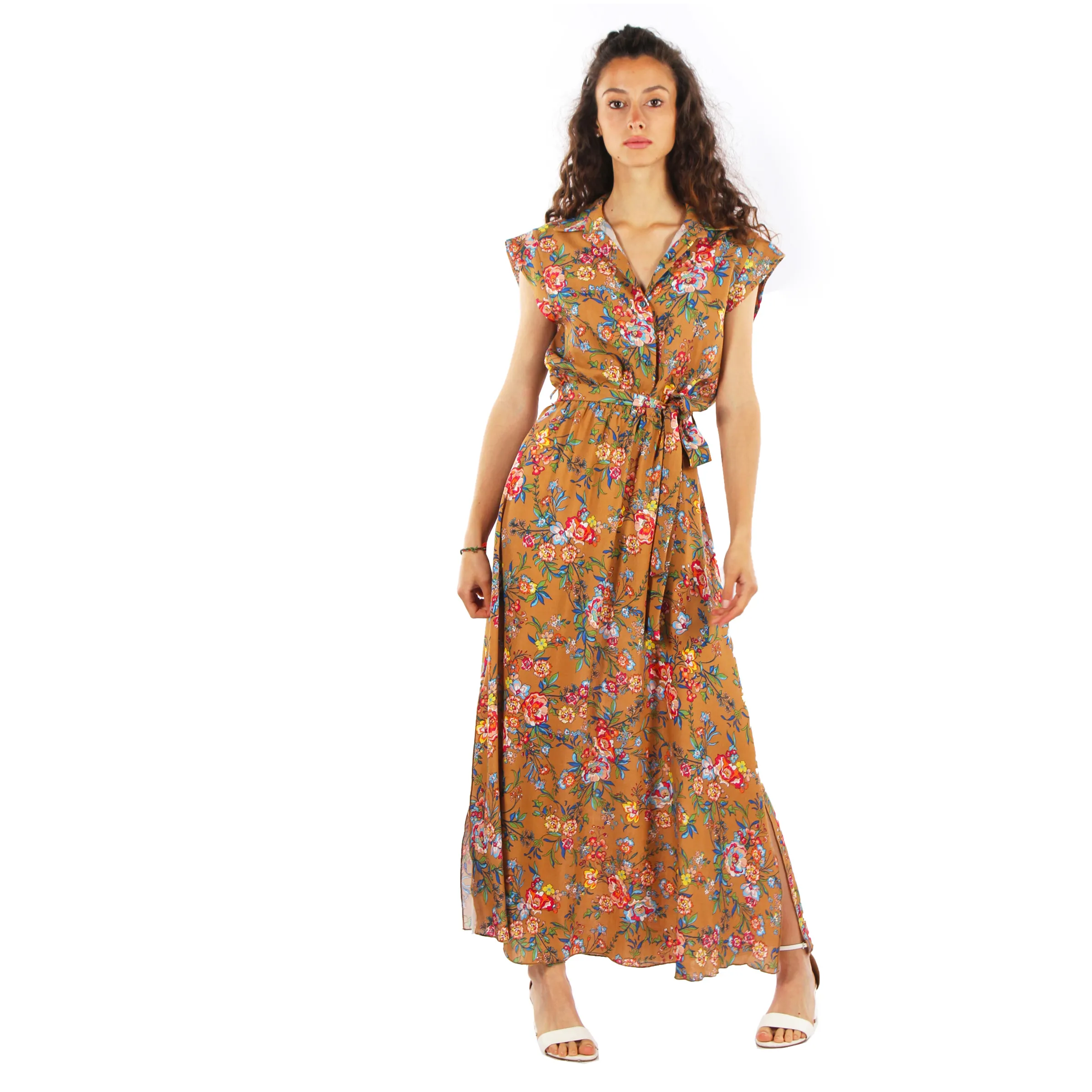 Versatilidad elegante, vestido floral de viscosa-poliéster en marrón con estampado de flores, ideal para cualquier ocasión tamaño mediano