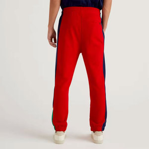 Men Red Sweatpants With Navy Side Stripes <b>Elastic</b> <b>Waist</b> Drawstring Casual Joggers Autumn Wear - Product Image 4