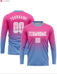Sublimación personalizada de manga larga uniforme de fútbol Jersey Rosa Blanco-Azul marino se desvanecen conjunto de moda 100% material de poliéster - Product Image 4