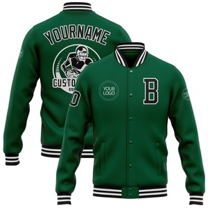 Veste bomber universitaire à boutons pression, en gros directement de l'industrie, décontractée, d'hiver, personnalisée, vert Kelly, noir et blanc - Product Image 1