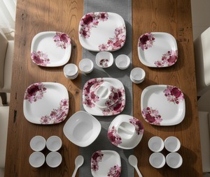 Service de table en mélamine de luxe de 34 pièces, collection florale de roses, vaisselle imprimée, assiettes, bols, cuillères, pots à sucre et à crème - Product Image 5