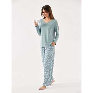 Ensemble de pyjama personnalisé haut de gamme pour la maison, confortable et relaxant, en tricot de bambou, avec dentelle, motifs géométriques et animaux de dessin animé, doux, en élasthanne, taille élastique - Product Image 3