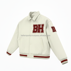 Chaqueta universitaria de lana pesada GSM 450, forro interior suave, Parche de chenilla personalizado, Logo, cuerpo blanco, Rib maroon, chaquetas universitarias para mujer - Product Image 4