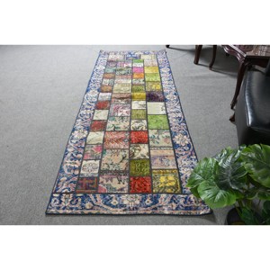 Tapis en laine patchwork bleu fait à la main 2,8 X 8,1ft tapis rectangulaire turc hauteur de pile de peluche pour les adolescents pour le salon couloir Latex - Product Image 1