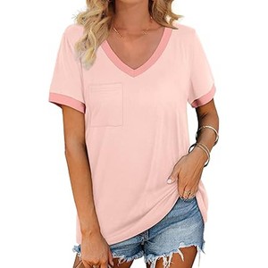 Camiseta informal con cuello en V para mujer, camisetas de algodón suave de corte holgado de manga corta de verano, bolsillo para uso diario, talla XXS, tela de punto sólida - Product Image 1