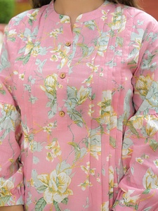 Conjunto de Kurti y Shorts Rosa con Estampado Floral, Verano, Casual, Algodón, Largo hasta el Tobillo, Hecho a Medida, Personalizado, ODM - Product Image 4