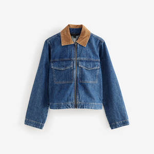Women Denim Trucker Jacket With Corduroy Collar <b>Zipper</b> Front Full Sleeve Short Length Autumn Style - Product Image 6