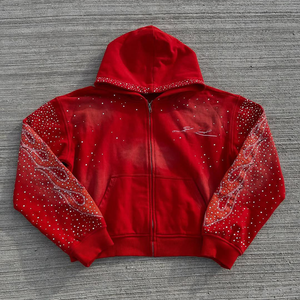 Sudadera con capucha corta acampanada, ecológica, transpirable, ligera, estampada, informal, de invierno, con efecto desgastado por el sol, lavado ácido y pedrería - Product Image 4