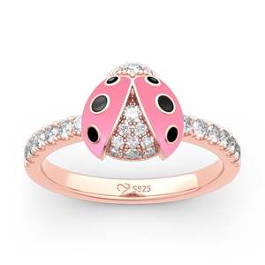 Anillo Jeulia de Plata de Ley Chapado en Rodio con Diseño de Mariquita Rosa de la Suerte, con Circonita y Diamante - Product Image 1