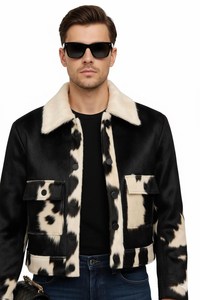 New Arrival Brown And <b>White</b> Cow Hair On Leather Biker Style men <b>Jacket</b> Trucker <b>Denim</b> Style leather <b>jacket</b> for men - Product Image 3