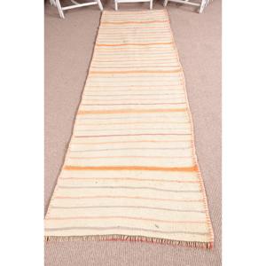 Tapis turc vintage 2,9x10,3 pieds, tapis persan en laine blanche Kilim - Product Image 1