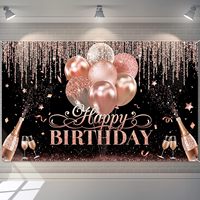 Toile de fond esthétique Joyeux Anniversaire, thème ballons rose, or rose, noir et or, en polyester durable, pour photographie et fête, 5,9 x 3,6 pieds