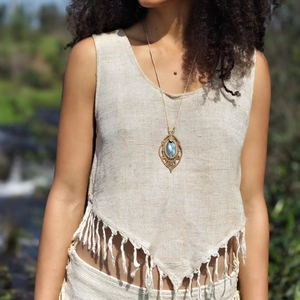 100% Cotton Raw Silk <b>Fringe</b> Crop <b>Top</b> Solid Pattern Ethnic <b>Top</b> with Breathable Knitted Fabric Tribal Style - Product Image 1