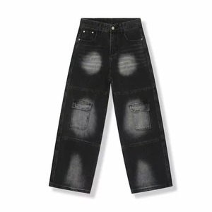 Pantalones Cargo Vaqueros Anchos de Mezclilla con Recubrimiento Estilo Punk de Alta Calidad para Hombre, Lavado Vintage Americano, Color Negro Desteñido - Product Image 1