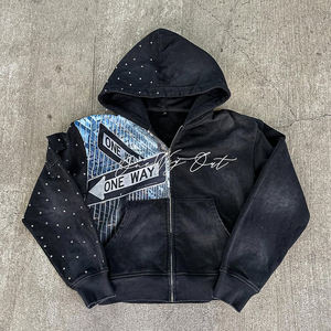 เสื้อฮู้ดดี้ผ้าฟลีซคอตตอนพิมพ์ลายดิจิทัลแบบสั่งทำพิเศษ สไตล์วินเทจ ลวดลายแอซิดวอช ประดับด้วยคริสตัลและงานปัก  ออกแบบเองได้สำหรับผู้ชาย - Product Image 1