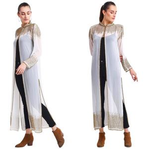 Vente en gros de robe caftan Abaya en Georgette ouverte sur le devant avec garnitures de travail à la main complexes adultes tenue de fête de vacances de style moyen-orient - Product Image 4