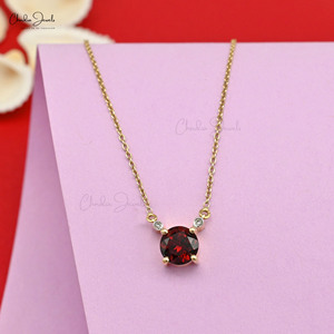 Envío al Día Siguiente, Collar de Oro Amarillo Macizo de 14k con Diamantes, Collar de Cadena de Cable con Granate de Corte Redondo de 6mm, Regalo de Boda para Ella - Product Image 3