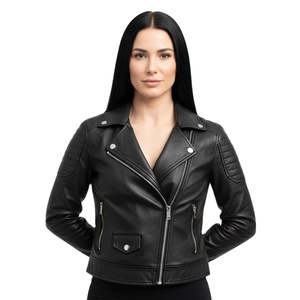 Veste d'hiver rétro en peau d'agneau pour femme, nouvelle arrivée, logo personnalisé moderne, ODM, cuir végétalien durable, veste moto pour femme, surdimensionnée, noire - Product Image 1