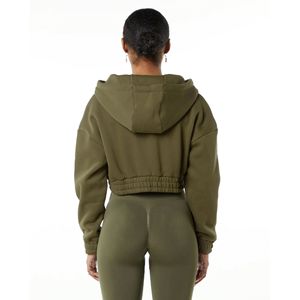 Sudadera con capucha corta con cremallera completa de capital clásica para mujer 55 algodón 45 Spandex estilo hombro caído Top de sauce recortado de gran tamaño - Product Image 4