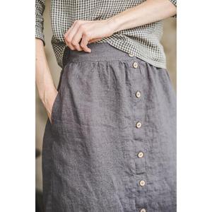 กระโปรงคลุมเข่าแบบติดกระดุม100% ผ้าลินินขนาดพิเศษกระโปรงยาวมีกระเป๋าติดกระดุม - Product Image 1