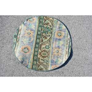 Alfombra Vintage de 2.2x2.2 pies, Alfombra Turca, Alfombra de Lana con Rayas Azules - Product Image 3