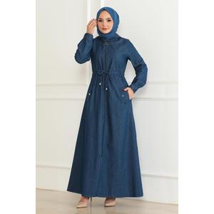 Tunique en jean bleu foncé avec détails à lacets Manteaux et trench-coats modestes 19226 - Product Image 1