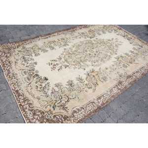 พรมวินเทจขนาด 6x6 ฟุต, พรมตุรกี, พรมขนสัตว์สีน้ำตาลขาวลายปะติด - Product Image 3