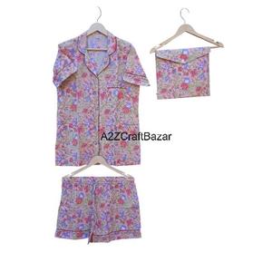 100% indien coton femmes ensemble de vêtements de nuit col en v cordon fermeture cerise motif-manches courtes pyjamas mariée coton sac pour - Product Image 6