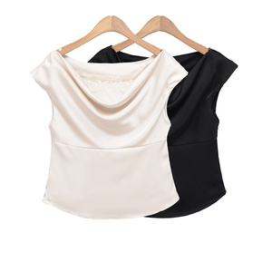 Chemisier en satin drapé sans manches à col en V pour <span class=keywords><strong>femme</strong></span>, modèle 2026, avec taille définie, OEM/ODM par une usine de vêtements chinoise, chemises vintage - Product Image 1