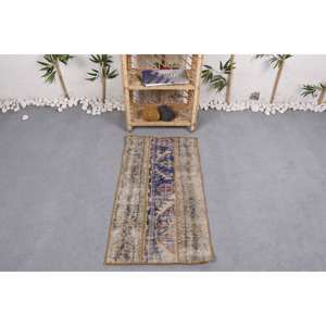 Vintage Wool Patchwork <b>Rug</b> Beige Blue with Latex Backing 1.7 X 3.2 ft Handmade Abstract Rectangle Design for Living Room <b>Bedroom</b> - Product Image 1