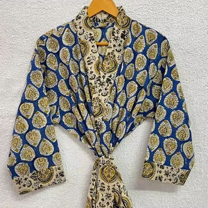 เสื้อคลุมอาบน้ำกิโมโนนุ่มสบายพิมพ์ลายดอกไม้ผ้าฝ้ายความยาว100% รอบเอวธรรมชาติสำหรับอาบน้ำชายหาดกลางคืนซักได้ - Product Image 1