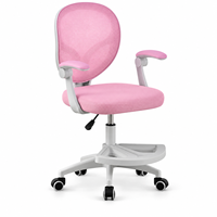 Chaise d'étude moderne pour enfants, réglable en hauteur, avec siège et dossier en maille rose, plateforme pivotante pour les pieds et accoudoirs, idéale pour la lecture et les devoirs