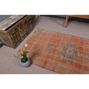 Alfombra de 3.7x6.8 pies, Alfombra Turca Vintage, Alfombra a Cuadros Naranja y Azul - Product Image 5