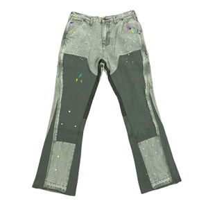 DENIM Custom Designer Double Knee Spray Painted Flare Jeans Pant Acid Wash Vintage <b>Carpenter</b> Jeans Men - Product Image 6