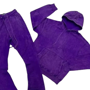 Purple Acid Washed Hoodie Tracksuit Men <b>Vintage</b> Fleece Pullover <b>Sweatshirt</b> Flared Jogger Pants Set Streetwear Winter Outfit - Product Image 5