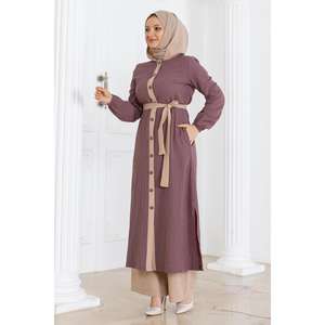 Traje de Lino con Capucha y Botones Rosa Rosado MSW19238-1, Conjunto Casual-Formal de 2 Piezas con Blazer Largo y Pantalones Cortos Midi Holgados, Talla XL - Product Image 3